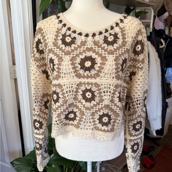 Crochet Patterned Sweater in Cream and Brown - Picture 1 of 5